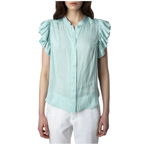 Zadig & Voltaire Tiza Satin Top Blouse Shirt Womens Large Blue Celadon Ruffle - Picture 1 of 12